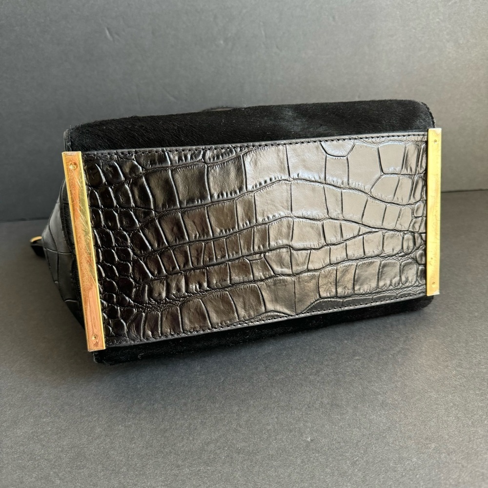 Michael Kors Lana Black Purse Calf Hair Croc Embossed Leather Bag Top Handle - Picture 13 of 16